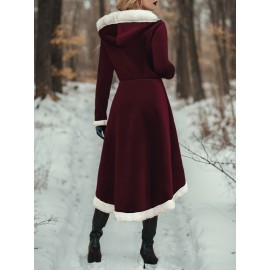 Women'S Y2K Retro Double-Breasted Faux Fur Coat - Burgundy & White, Asymmetrical Hem, Loose Fit, Long Sleeve, Winter Outerwear for Fall/Winter, Winter Coat