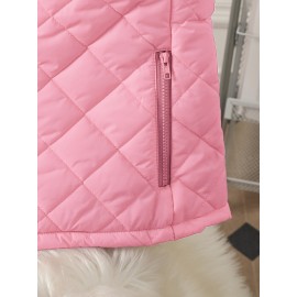 Women's Sleeveless Vest with Zipper Closure - Vibrant Pink Winter Warmth, Stand Collar & Pocket Design, Casual Elegant Solid Color Non-Stretch Fabric for Fall Winter Outdoor Beach Outings, Machine Washable Layering Piece (No Belt, Standard Length)