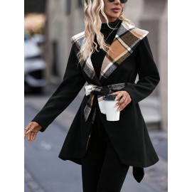 Women'S Elegant Mid-Length Winter Coat with High Neck and Plaid Patchwork Design - Warm, Lightweight, and Stylish for Office or Holiday Season, Warm Weather Jacket | Plaid Pattern Coat | Structured Coat