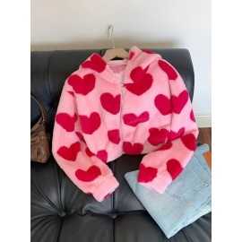 Women's Pink Heart Pattern Plush Hooded Jacket - Cozy Winter Zipper Front Casual Outerwear, Machine Washable Regular Fit Sleeve for Autumn & Winter