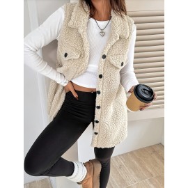Women'S Elegant Sleeveless Flat Collar Button Front Jacket with Faux Pockets - Cozy Brown Plaid Pattern, Long Length, Perfect for Fall/Winter Casual Wear, Winter Clothes