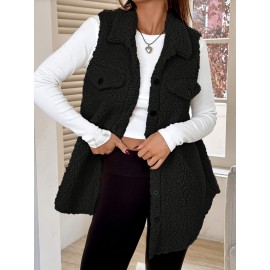 Women'S Elegant Sleeveless Flat Collar Button Front Jacket with Faux Pockets - Cozy Brown Plaid Pattern, Long Length, Perfect for Fall/Winter Casual Wear, Winter Clothes