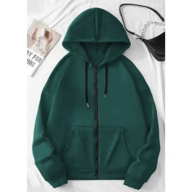 Women's Koi Fish & for Lotus Zip-Up Hoodie Jacket - Dark Green/Red Accents, Front Pockets, Machine Washable Zippered Hooded Sweatshirt for Fall/Winter Casual & Formal Outfits, Winter Wear, Artistic Design, Soft Material, Trend Followers