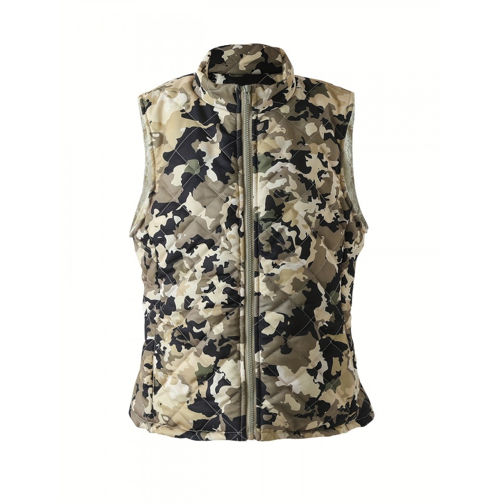 Women'S Lightweight Quilted Zip-Up Vest - Sleeveless, Stand Collar, Camouflage Print, Casual Style, Non-Stretch Fabric, Perfect for Fall/Winter, Casual Wear Vest|Quilted Vest|Zippered Vest