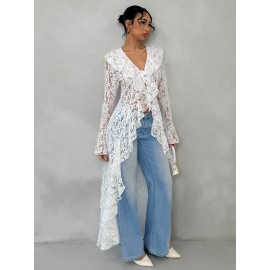 Spring-Summer Romantic Vacation Elegant Sheer Lace Trim Women's Long Thin Coat, Lightweight Coverup, Spring Fashion, Sheer Design, Delicate Detailing, Lace Overlay, Fine Stitching, Stylish Outerwear, Thin Jacket, Trendy Ladies, Summer Wardrobe