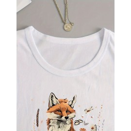 Women's Fox & Floral Graphic Print Long Sleeve T-Shirt - Soft Stretch Crew Neck Casual Top for Spring & Fall, Machine Washable Regular Fit, Medium Elasticity Shirt