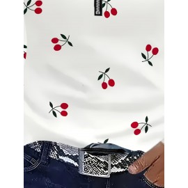 [Elegant Cherry Print T-Shirt] Elegant Women's Cherry Print Long Sleeve T-Shirt | Back Zipper, White with Red Cherry & Black Leaf Design, Round Neck Spring/Fall Layering Top, Regular Fit Casual to Semi-Formal Blouse