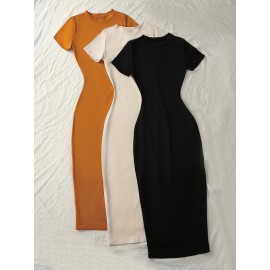 3pcs Long Dress Set with Short Sleeves, Elegant Skirt for Layering YT