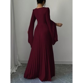 Elegant Long Sleeve V-Neck Pleated Maxi Dress with Side Slit - Maroon, Cinched Waist, Flowing Design for Women, Perfect for Spring & Fall, Cute Dress