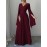 Elegant Long Sleeve V-Neck Pleated Maxi Dress with Side Slit - Maroon, Cinched Waist, Flowing Design for Women, Perfect for Spring & Fall, Cute Dress