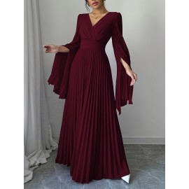 Elegant Long Sleeve V-Neck Pleated Maxi Dress with Side Slit - Maroon, Cinched Waist, Flowing Design for Women, Perfect for Spring & Fall, Cute Dress