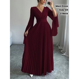 Elegant Long Sleeve V-Neck Pleated Maxi Dress with Side Slit - Maroon, Cinched Waist, Flowing Design for Women, Perfect for Spring & Fall, Cute Dress