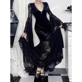 Women's Gothic Dark Halloween Long Dress with Contrast Lace and Velvet Patchwork, Sexy Niche Flared Sleeve Unique Design