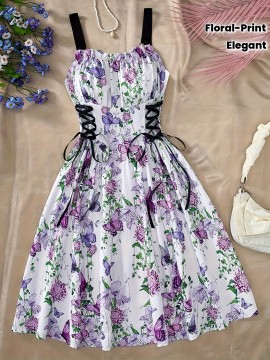 [Elegant Floral Dress] Elegant Floral A-Line Dress | Butterfly Accents, Adjustable Cross Straps, Ruched Waist, Perfect for Beach, Vacation, and Party Wear