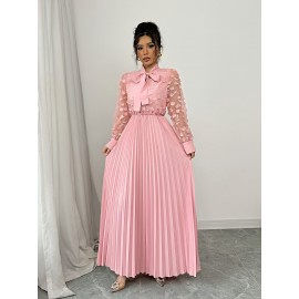 Elegant Women'S 3D Floral Mesh Dress with Bow Tie Neckline - Romantic Pink Pleated A-Line Long Sleeve Dress for Formal & Casual Occasions, Machine Washable Non-Stretch Wedding Attire, Dresses for Wedding, Formal Event Attire, Nonstretch Fabric