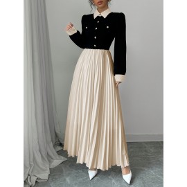 [Elegant Dress for Women] Golden Button Elegant Dress for Women with Contrasting Colors, Cinched Waist, Pleated Design and Long Sleeves, Perfect for Parties, Weddings, Music Festivals and Dates