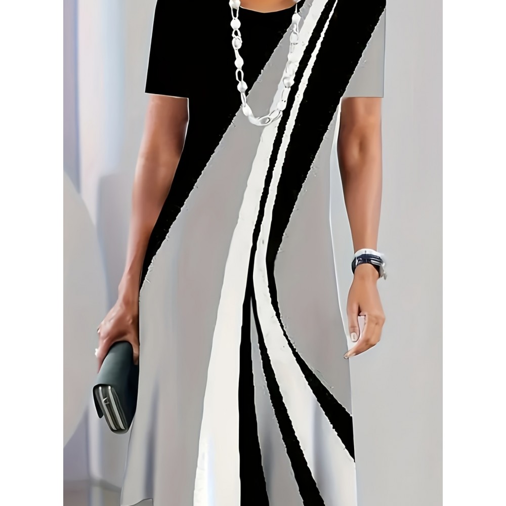 Women's Casual 3D Digital Print Striped A-Line Dress - Long Sleeve Round Neck Loose Fit with Contrast Stripes, Breathable Machine-Washable Spring/Summer Dress for Casual & Semi-Formal Occasions, Summer Fashion, Medium Elasticity Fabric