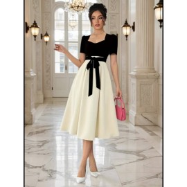 Elegant Square Neck Puff Sleeve Dress with Front Bow Detail - Black & White Color Block, A-Line Silhouette, Lightweight Summer Dress for Women, Cute Dress