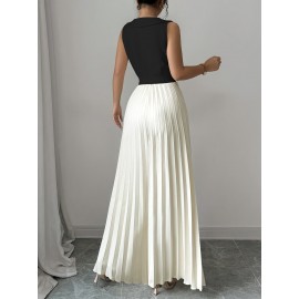 Women'S Elegant Double-Breasted Ruched Sleeveless Dress - Black and White Color Block, Polyester, A-Line Silhouette, Perfect for Spring/Summer Commute and Casual Attire, Casual Attire|Ruched Texture|Polyester Dres