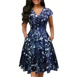 [Navy Blue Floral Dress] Polyester Blend Women's Navy Blue Floral Print V-Neck Midi Dress with Short Sleeves and Pockets | Casual Dress, Floral Print Dress, Perfect for Spring, Summer, and Fall