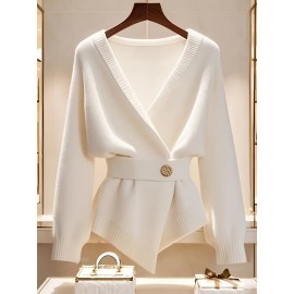 Women's White V-Neck Adjustable Belted Cardigan with Golden Buckle Detail - Soft Long Sleeve Elegant Casual Layering Pullover for Spring and Autumn, Fashionable Weekend Wear