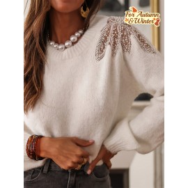 Women's Casual Chic Lace-Trimmed Long Sleeve Sweater with Bow Detail at Back - Soft Round Neck Pullover, Medium Stretch Autumn Winter Top for Casual Attire, Cute Sweaters