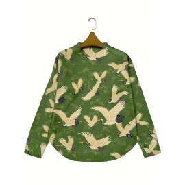 [All-Over Print] [Thick] [Round Hem] [Sweater] All-Over Print Red-crowned Crane Pattern Thick, Casual Crew Neck Long Sleeve Sweater, Round Hem, Women's Clothing