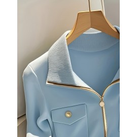 [Elegant Cardigan] Chic Elegant High-Neck Zip-Up Cardigan for Women | Long Sleeve Sweater with Chain Detail, Solid Blue, Perfect for Fall/Winter