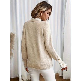 Women's Elegant Beige Sweater - Soft Long Sleeve Pullover for Everyday, Office, Party - Machine Washable Chic Sweater, All-Season Women's Clothing, Office Wear, Sophisticated Design, Comfortable Material, Stylish Top, Office Attire