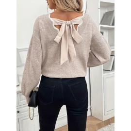 Women'S Elegant French-Inspired V-Neck Sweater with Back Bow - Long Sleeve Loose Fit Pullover, Soft & Brown Color Block Design, Fall/Winter Casual Chic Sweater, Sweater For Winter, Fall Fashion, Sophisticated Style, Quality Stitching, Stylish Top