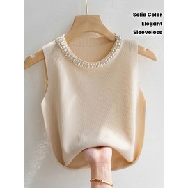 Women'S Elegant Beaded Sleeveless Vest - Solid Color Crew Neck Pullover for Spring/Summer/Fall, Chic Layering Piece with Pearl Embellishments