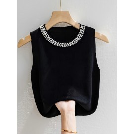 Women'S Elegant Beaded Sleeveless Vest - Solid Color Crew Neck Pullover for Spring/Summer/Fall, Chic Layering Piece with Pearl Embellishments