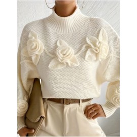 Elegant High-Neck Sweater with 3D Floral Embellishments – Soft, Plush, and Comfortable Fit, Perfect for Fall/Winter, Ideal for Creating a Serene Atmosphere, Casual Wear | Elegant Highneck | Construction, Sweater Dress