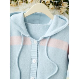 [Cute Sweater] Cozy White Hooded Cardigan Sweater | Women's Casual Pullover with Pastel Rainbow Stripes, Button Front Placket & Pom-Pom Detail, Medium Elasticity, Relaxed Fit, Comfortable Texture, Stylish, Fall Winter Layering Piece