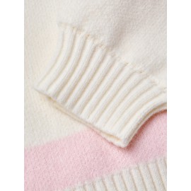 [Cute Sweater] Cozy White Hooded Cardigan Sweater | Women's Casual Pullover with Pastel Rainbow Stripes, Button Front Placket & Pom-Pom Detail, Medium Elasticity, Relaxed Fit, Comfortable Texture, Stylish, Fall Winter Layering Piece