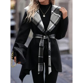 Women'S Elegant Mid-Length Winter Coat with High Neck and Plaid Patchwork Design - Warm, Lightweight, and Stylish for Office or Holiday Season, Warm Weather Jacket | Plaid Pattern Coat | Structured Coat