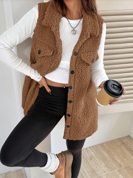 Women'S Elegant Sleeveless Flat Collar Button Front Jacket with Faux Pockets - Cozy Brown Plaid Pattern, Long Length, Perfect for Fall/Winter Casual Wear, Winter Clothes
