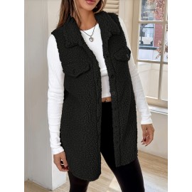 Women'S Elegant Sleeveless Flat Collar Button Front Jacket with Faux Pockets - Cozy Brown Plaid Pattern, Long Length, Perfect for Fall/Winter Casual Wear, Winter Clothes