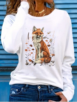 Women's Fox & Floral Graphic Print Long Sleeve T-Shirt - Soft Stretch Crew Neck Casual Top for Spring & Fall, Machine Washable Regular Fit, Medium Elasticity Shirt