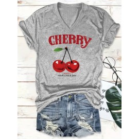 [Cherry Print T-Shirt] Women's Casual Summer V-Neck T-Shirt with Red Cherry Print and Happy Ankle-Day Applique Detail, Short Sleeve Graphic Tee