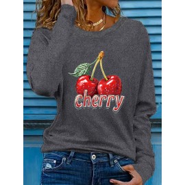 Women'S Cherry Graphic Long Sleeve T-Shirt - Vibrant Red Cherry Print, Casual Crew Neck, Machine Washable, Spring/Summer Vacation Top, Cherry Tshirt